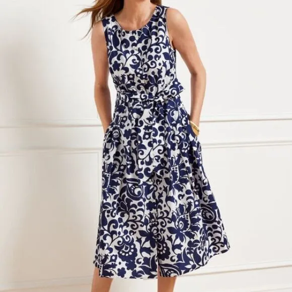 Talbots Nautical Minimalist Boho 100% Cotton Belted Preppy Midi Shirt Dress 6