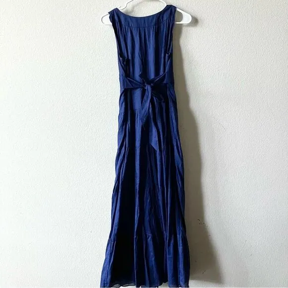 Talbots Navy Blue Minimalist Poplin 100% Cotton V Neck Tiered Preppy Maxi Dress