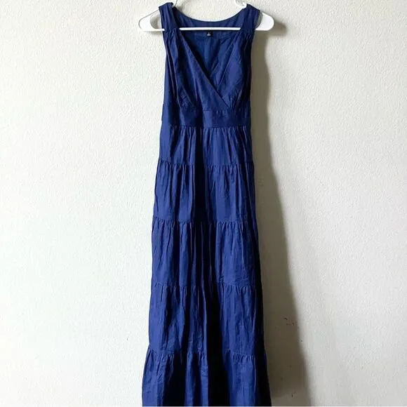Talbots Navy Blue Minimalist Poplin 100% Cotton V Neck Tiered Preppy Maxi Dress