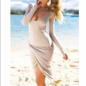 Tan Front Slit Stretch Midi Dress Size Medium