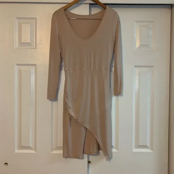 Tan Front Slit Stretch Midi Dress Size Medium