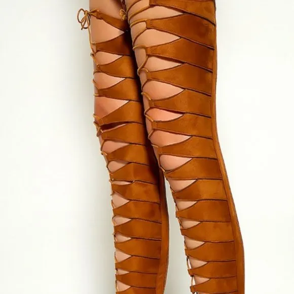 Tan Suede Lace Up  Thigh High Boots Faux Suede