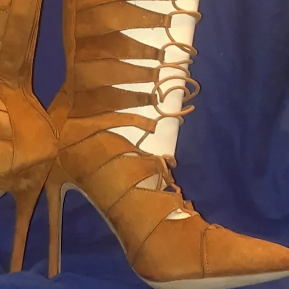 Tan Suede Lace Up  Thigh High Boots Faux Suede