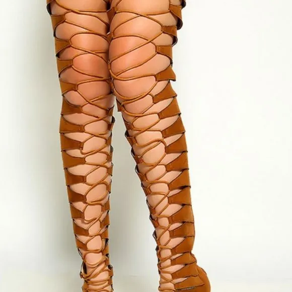 Tan Suede Lace Up  Thigh High Boots Faux Suede