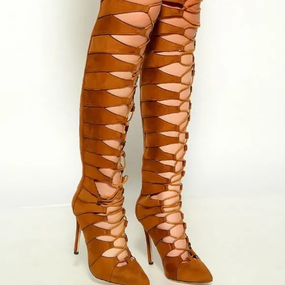 Tan Suede Lace Up  Thigh High Boots Faux Suede
