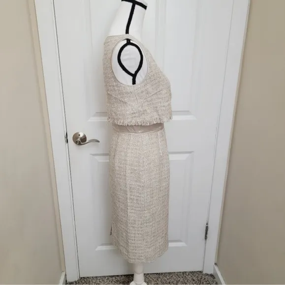 TERI JON Silk bled/mix Tweed Oatmeal midi luxury dress