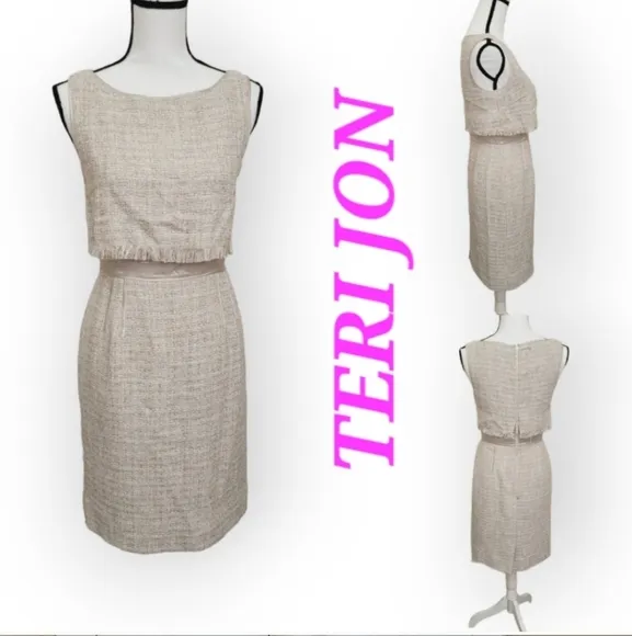 TERI JON Silk bled/mix Tweed Oatmeal midi luxury dress