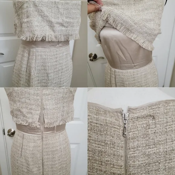 TERI JON Silk bled/mix Tweed Oatmeal midi luxury dress