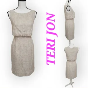 TERI JON Silk bled/mix Tweed Oatmeal midi luxury dress