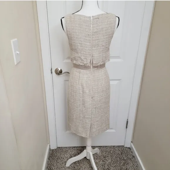 TERI JON Silk bled/mix Tweed Oatmeal midi luxury dress
