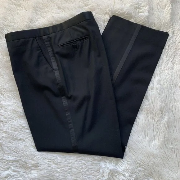 Tessuto Marzotto TUXEDO Pants 41R‎ 37x32 Italia Men's Black Wool