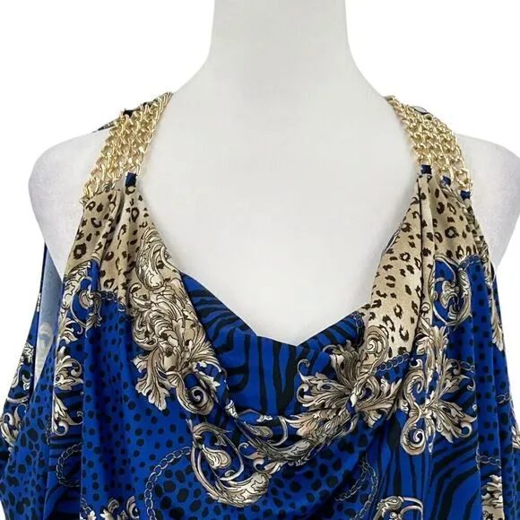 Thalia Sodi Chain Straps Cold Shoulder Stretch Waist Gold Grecian Size Med