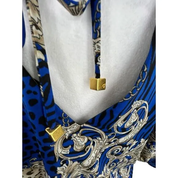 Thalia Sodi Chain Straps Cold Shoulder Stretch Waist Gold Grecian Size Med
