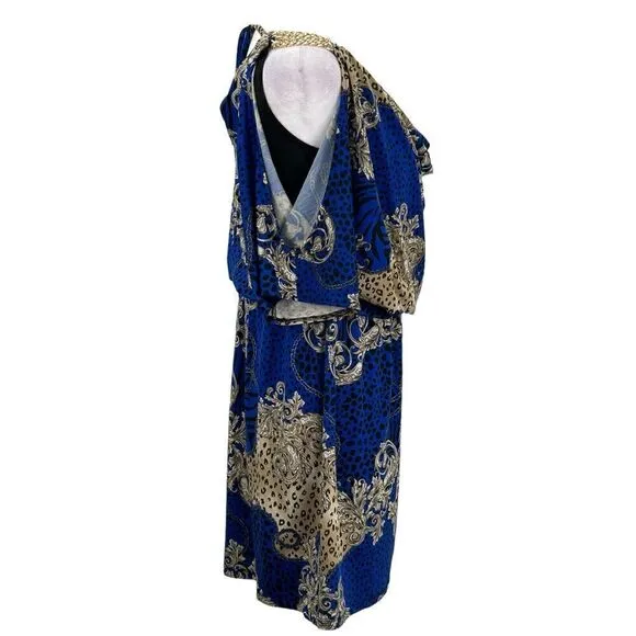 Thalia Sodi Chain Straps Cold Shoulder Stretch Waist Gold Grecian Size Med