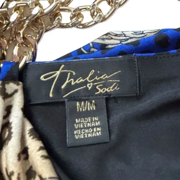 Thalia Sodi Chain Straps Cold Shoulder Stretch Waist Gold Grecian Size Med