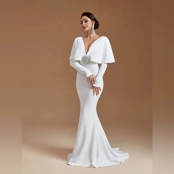 The White Long-sleeve Mermaid Cape Dress