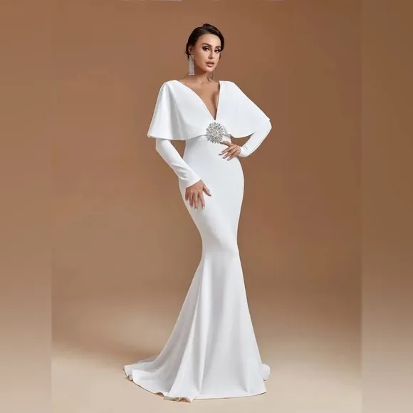 The White Long-sleeve Mermaid Cape Dress