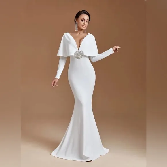 The White Long-sleeve Mermaid Cape Dress