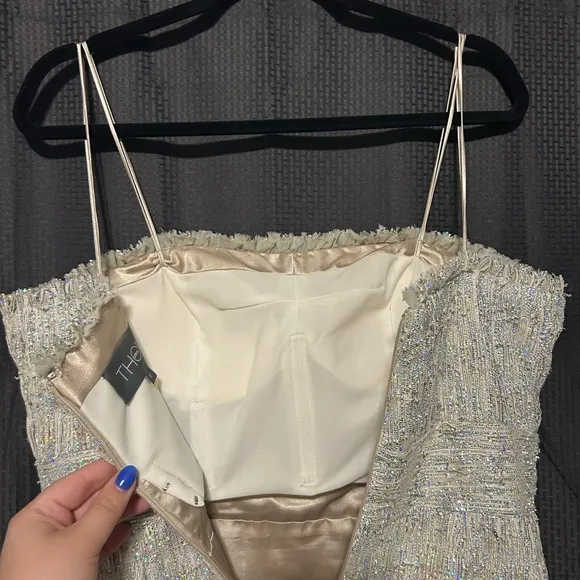 THEIA Luxury Designer Women’s Strapless Cocktail Dress Silver/White Sequin Sz 12