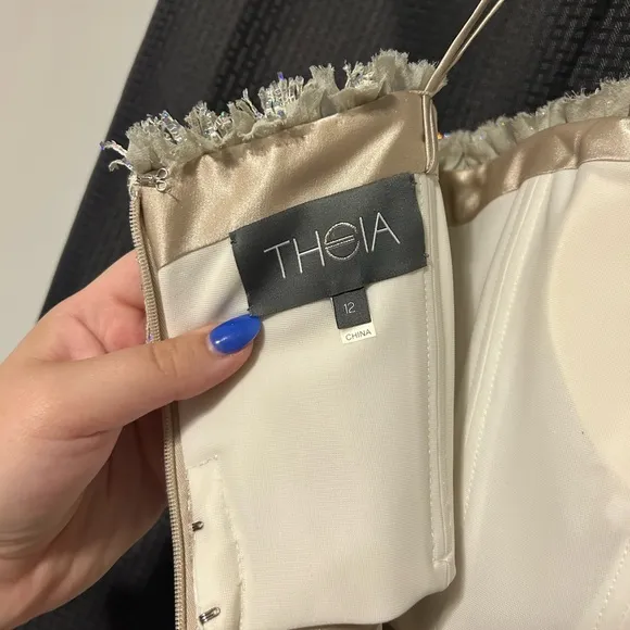 THEIA Luxury Designer Women’s Strapless Cocktail Dress Silver/White Sequin Sz 12
