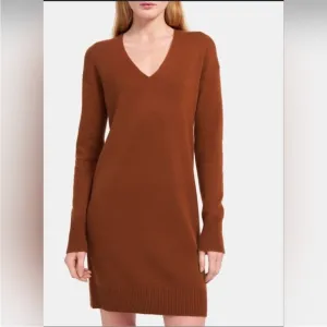 Theory Cashmere Sweater Dress Brown V-Neck Neutral Quiet Luxury Minimalist Small