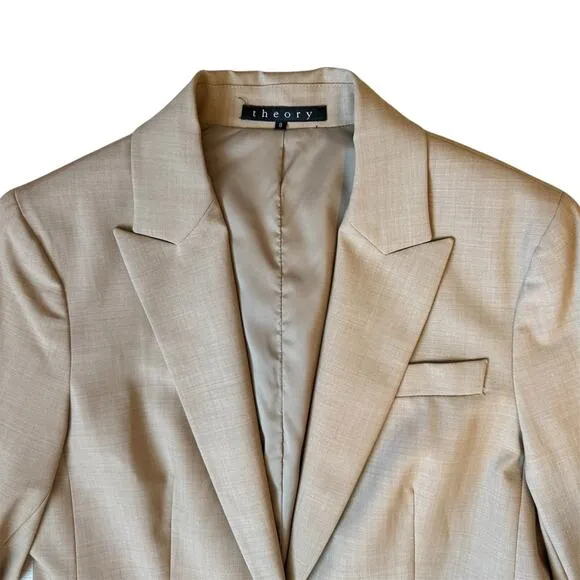 Theory Gabe B Stretch Wool Single Button Breasted Blazer Size 8 Beige Minimalist
