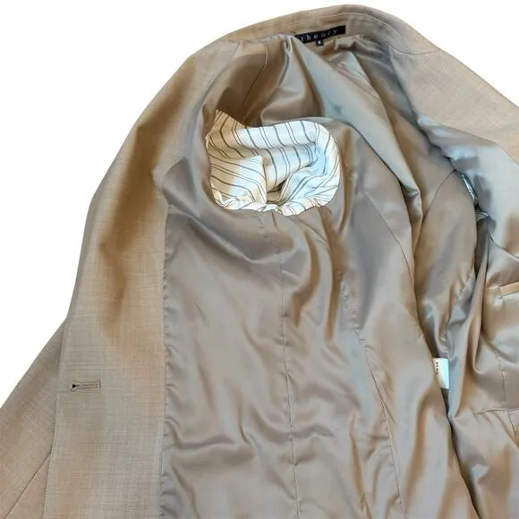 Theory Gabe B Stretch Wool Single Button Breasted Blazer Size 8 Beige Minimalist