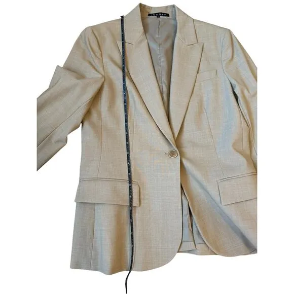 Theory Gabe B Stretch Wool Single Button Breasted Blazer Size 8 Beige Minimalist