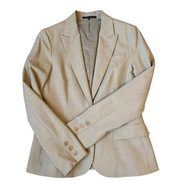 Theory Gabe B Stretch Wool Single Button Breasted Blazer Size 8 Beige Minimalist