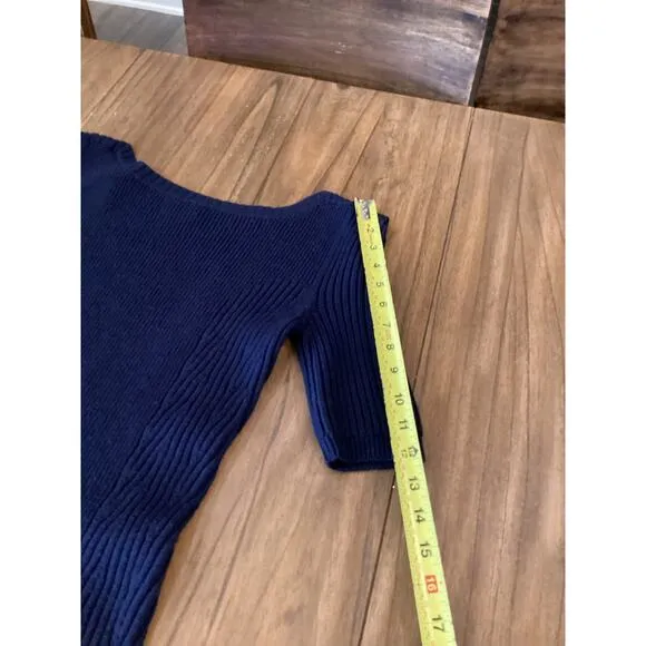 Theory Navy Knit ribbed wool short sleeve preppy minimalist mini dress Small