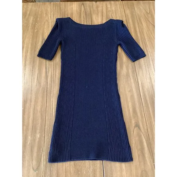 Theory Navy Knit ribbed wool short sleeve preppy minimalist mini dress Small
