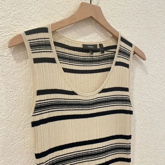 Theory Ribbed-Knit Striped Midi Dress Size Medium Sleeveless Stretchy Minimalist