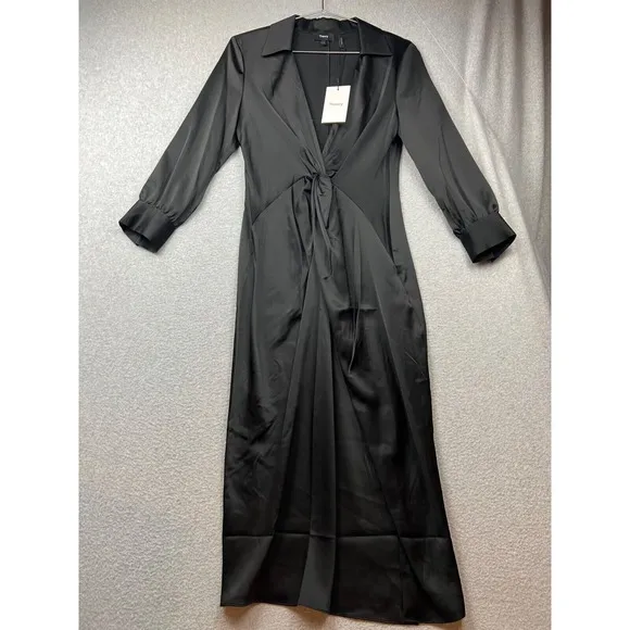Theory Twist Front Satin Midi Dress Womens Size 4 Deep V-Neck Minimalist Sexy