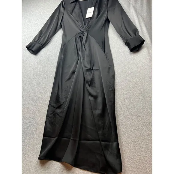 Theory Twist Front Satin Midi Dress Womens Size 4 Deep V-Neck Minimalist Sexy