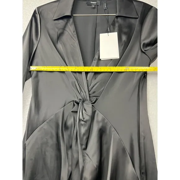 Theory Twist Front Satin Midi Dress Womens Size 4 Deep V-Neck Minimalist Sexy