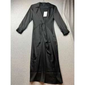 Theory Twist Front Satin Midi Dress Womens Size 4 Deep V-Neck Minimalist Sexy
