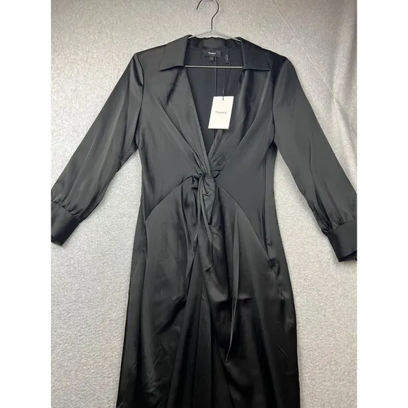 Theory Twist Front Satin Midi Dress Womens Size 4 Deep V-Neck Minimalist Sexy