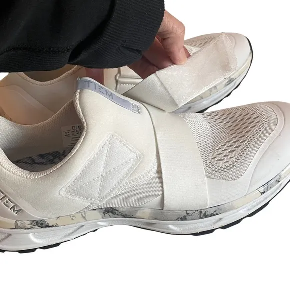 TIEM Slipstream Cycling Shoes Womens 10.5 White Marble Slip On w/Strap &amp; Cleats