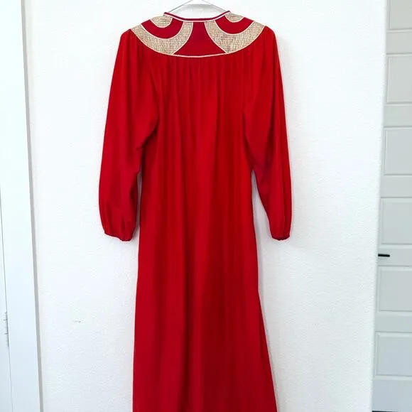 TIFFANY Loungewear Maxi Robe Red Gold Embroidered Collar Half Zip Vintage 70s M