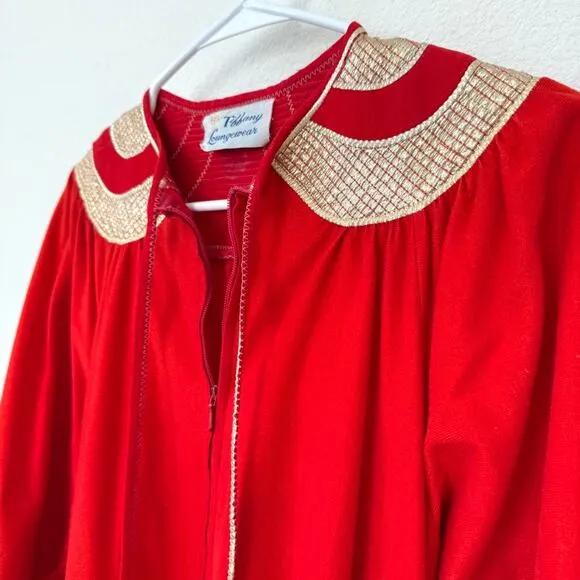 TIFFANY Loungewear Maxi Robe Red Gold Embroidered Collar Half Zip Vintage 70s M
