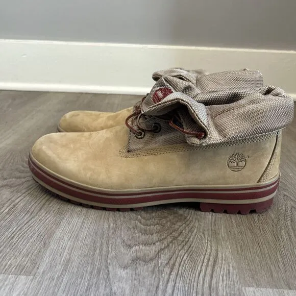 Timberland Mens 12 Rolldown Boots Rare Suede Brown Wheat Red Trim 24532 READ