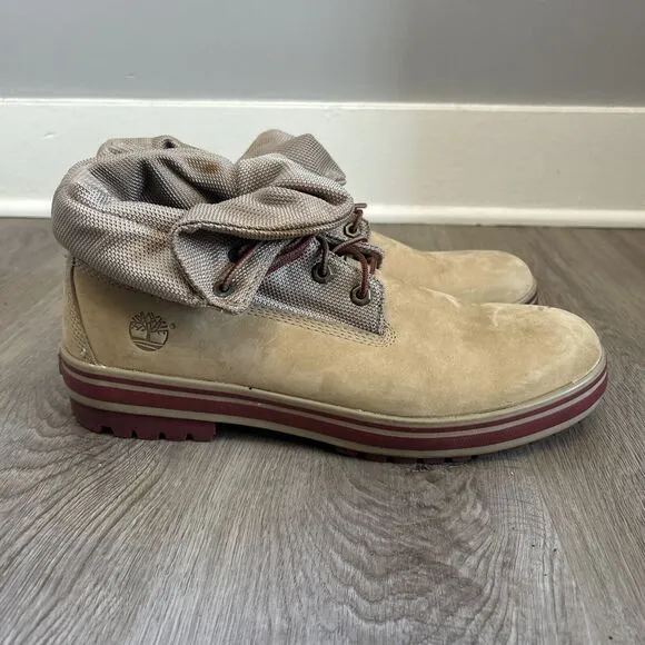 Timberland Mens 12 Rolldown Boots Rare Suede Brown Wheat Red Trim 24532 READ