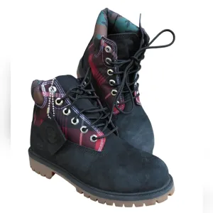 Timberland Size 2 Youth 6&quot; Heritage Waterproof Black Camo Plaid Boots