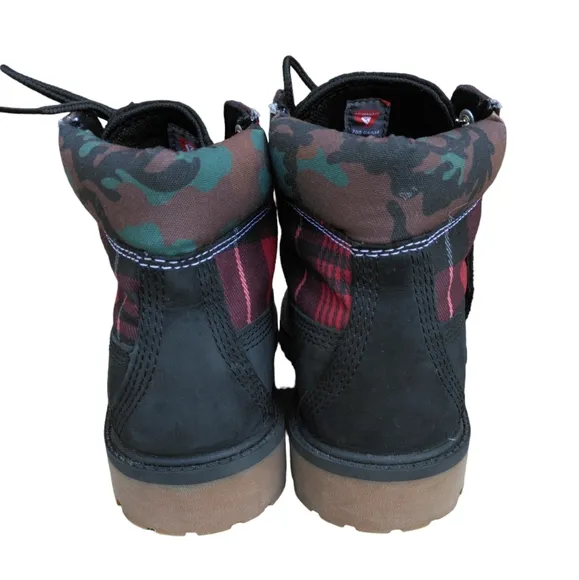 Timberland Size 2 Youth 6&quot; Heritage Waterproof Black Camo Plaid Boots