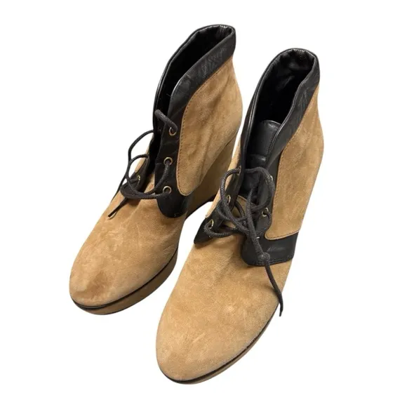 Tod's Camel Suede Leather Lace Up Wedge Platform Ankle Boots Brown - Sz 37.5, 7
