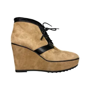 Tod's Camel Suede Leather Lace Up Wedge Platform Ankle Boots Brown - Sz 37.5, 7