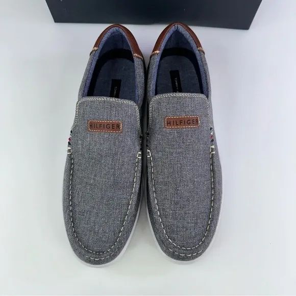 TOMMY HILFIGER Mens Gray Linen Stretch Carlid Round Toe Slip On Sneakers