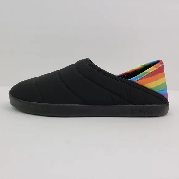 Toms Ezra Mens Size 9 Black Mat Rainbow Pride Slip On Faux Fur Inside Slippers