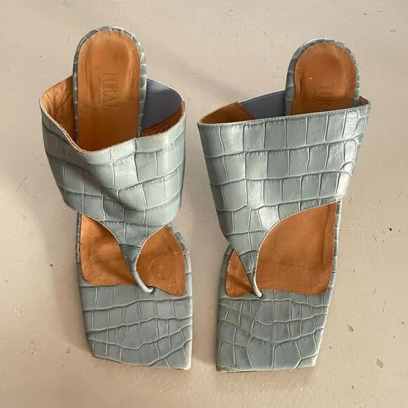 TORAL Animal Print Croc Embossed Leather T Bar Heeled Sandals Blue 40