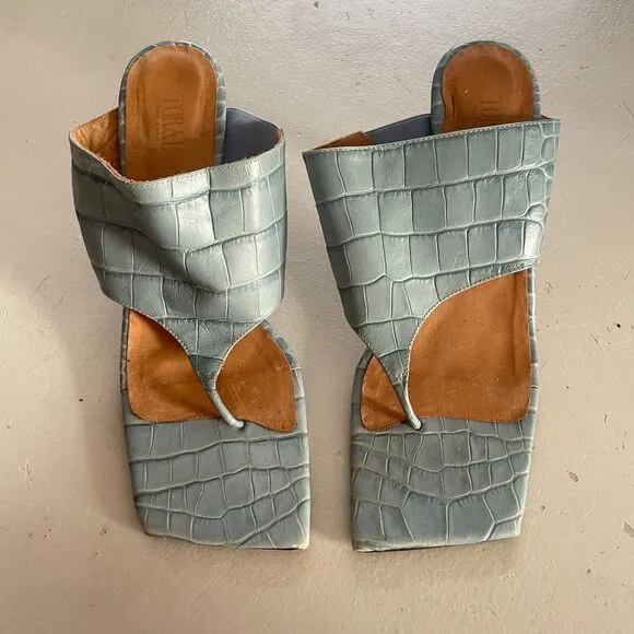 TORAL Animal Print Croc Embossed Leather T Bar Heeled Sandals Blue 40